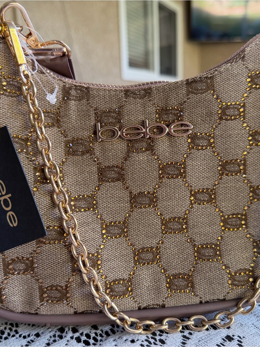 bebe Taupe Hobo Shoulder Bag with Gold Chain and Stud Accents